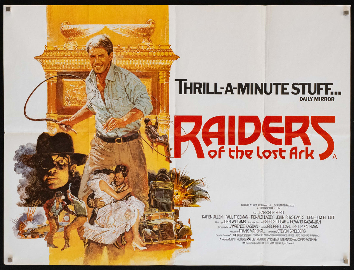 1981 British Quad poster for "Raiders of the Lost Ark," featuring Brian Bysouth artwork of Harrison Ford as Indiana Jones, surrounded by scenes from the adventure film.