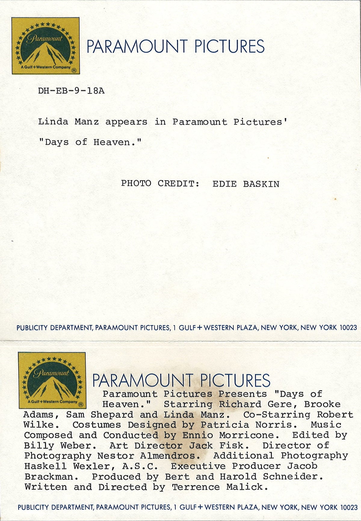 Days of Heaven Original Vintage Movie Poster