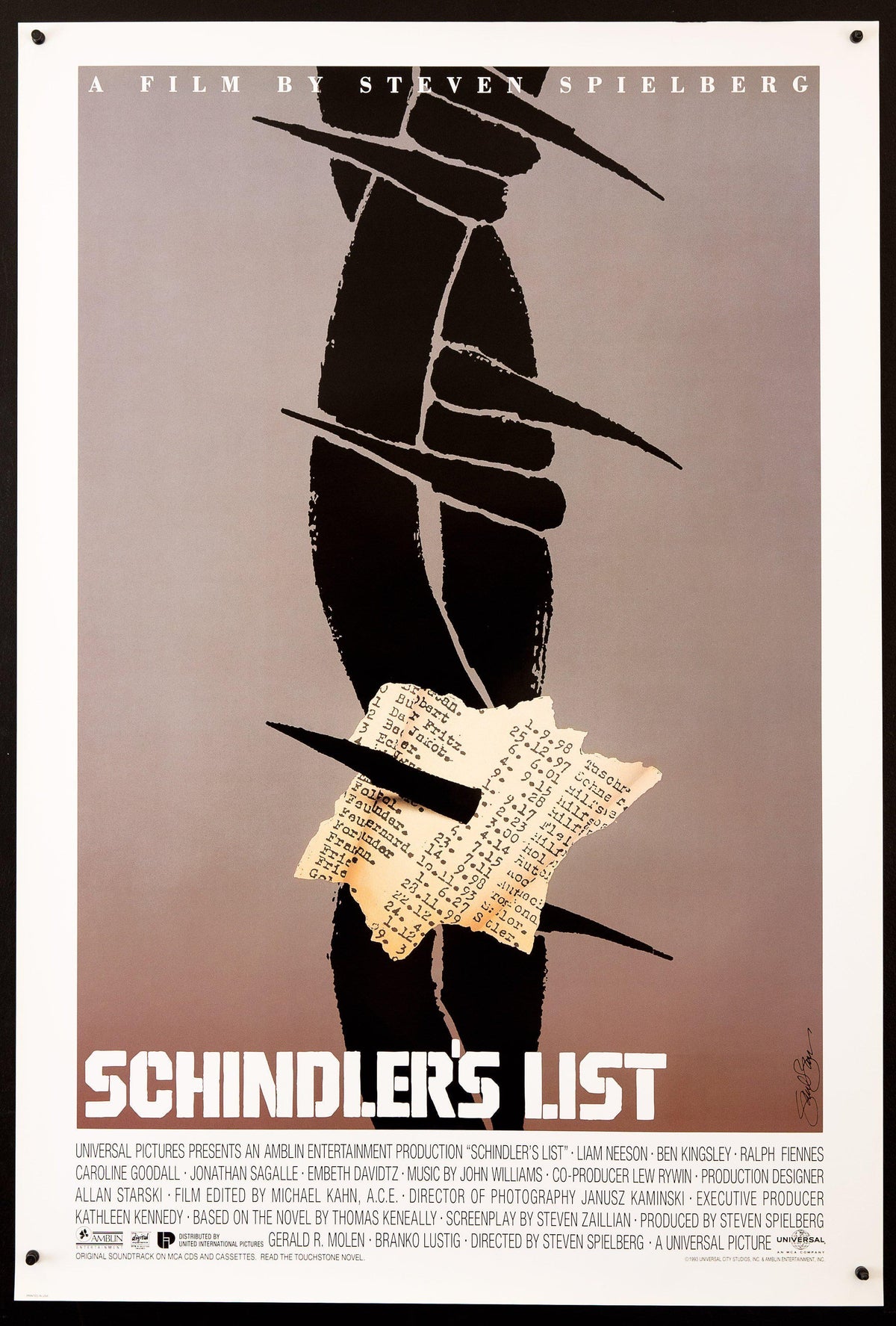 Schindler&#39;s List 1 Sheet (27x41) Original Vintage Movie Poster